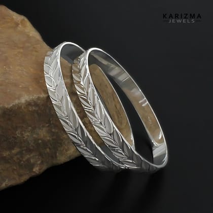 990 Real Sterling Silver Women Leaf design Bangles Bracelet (Kangan) Pair - 5.9 CM