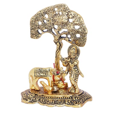 DreamKraft Metal Cow Calf and Krishna Idol Showpiece Under Tree For Home Decor