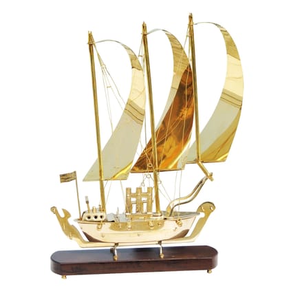 Classic Brass Ship Model for Living Room Decor with Wooden Base, Height : 19 Inch (MRMAS129 C)