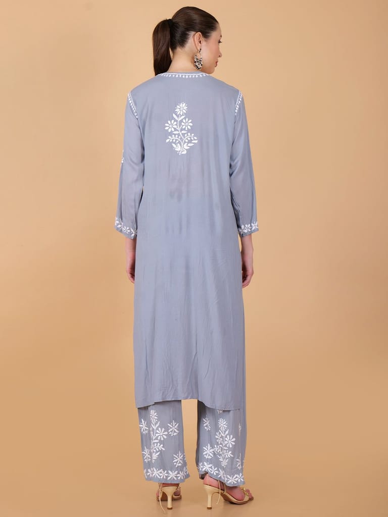 Pure Modal Heavy Bota Pattern hand embroidered Chikankari Kurta Set -Grey