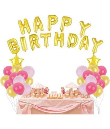 HAPPY BIRTHDAY FOIL BALLOON (SET OF 13) WITH 2 GOLD STAR AND 30 METALLIC BALLOONS(GOLD,WHITE,PINK) COMBO PACK