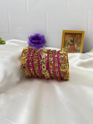 Luxurious Antique Bangle Set With Rani Pink Rain Drop Glass & Metal Bangle Set - 5143-2.2 / Both Hands (you will get 2 sets)