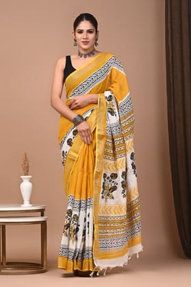 HAND BLOCK PRINTED COTTON LINEN SAREE WITH BLOUSE