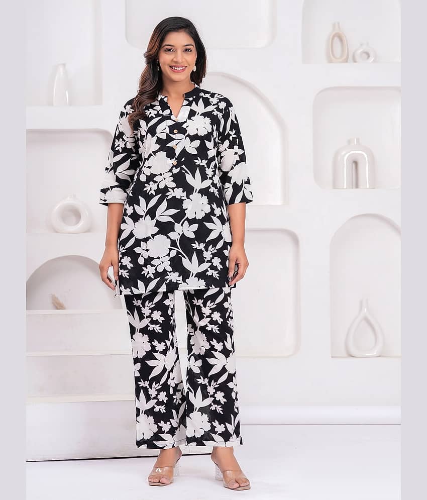 Nevisha Style Women Printed Tunic With Trousers Co-Ord Set ( Black )