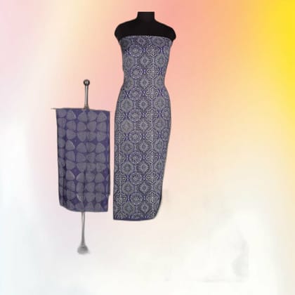Blue Ethnic Motif Unstitched Dress Material | Geometric Print Fabric | Ethnic Casual