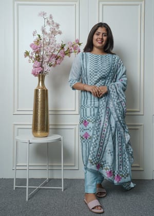 Pure chanderi Katha work kurta, pant and dupatta set-L