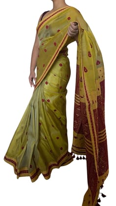 Luxurious Mulberry Silk Saree in Vibrant Yellow-Green with Chocolate and Yellow Patterns, Decorative Red Motifs, and Tasseled Red Border - Ideal for Weddings, Festivals, and Cultural Celebrations