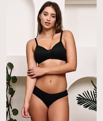 PrettyCat Cotton Lycra Lightly Padded Bra & Panty Set ( Black , Pack of 1 )