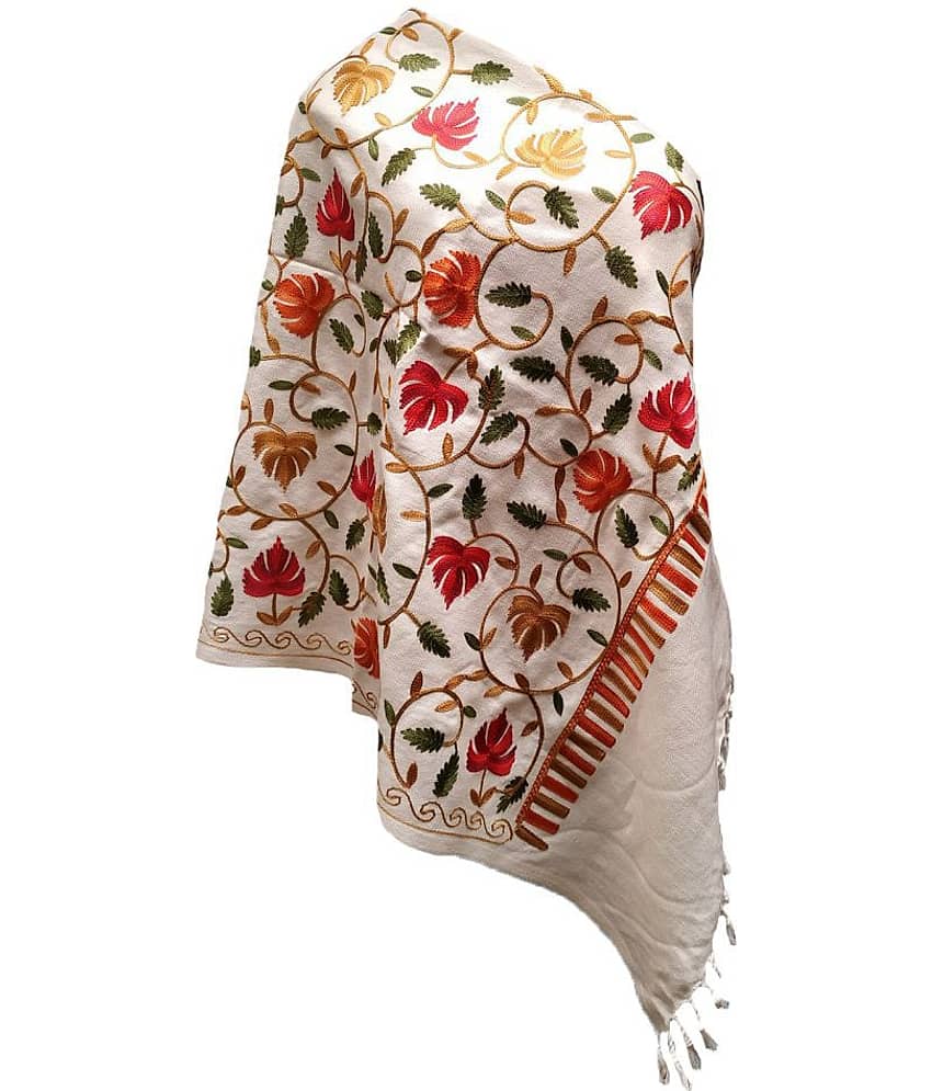 Soul Essence White Floral Wool Stoles ( Pack of 1 )
