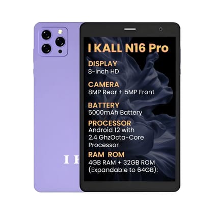 IKALL N16 Pro Smart Tablet  8 Inch HD Display, Octa Core Processor, 4GB RAM + 32GB ROM, Android 12, 4G Voice Calling, Long-Lasting 5000mAh Battery (Purple)