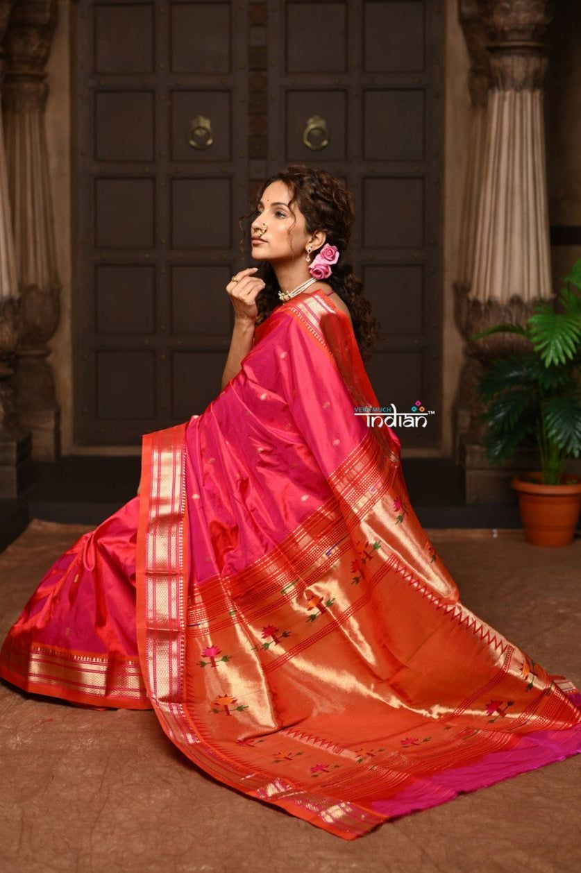 Parampura ~ Pure Silk Paithani with Exclusive Asawali Tawa Pallu in Rani Pink