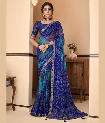 Nandini Creation Chiffon Printed Saree With Unstitched Blouse Piece ( Blue )