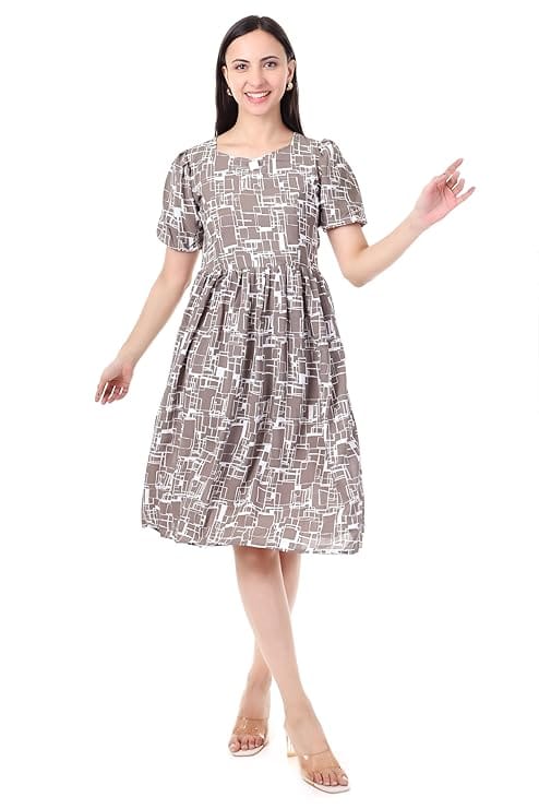 MR ANDERSON’S Geometric Print Midi Dress with Puff Sleeves & V-Neck, Knee Length