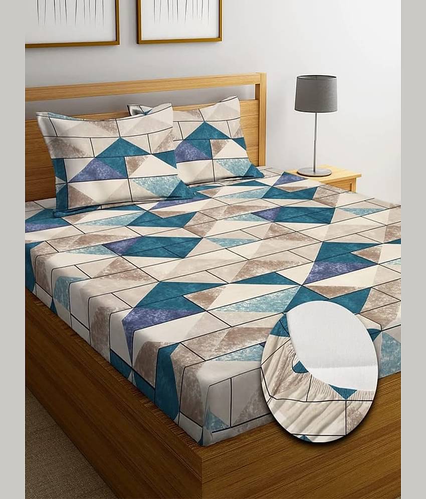 SHOMES Cotton Abstract Fitted 1 Bedsheet with 2 Pillow Covers ( Double Bed ) - Green