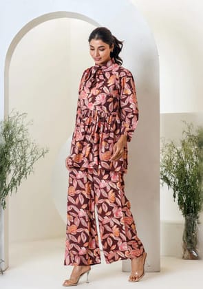 Maroon Floral Print Muslin Peplum Top With Bell-Bottom-M