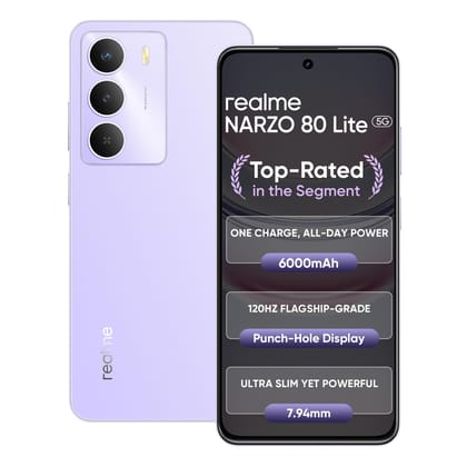realme NARZO 80 Lite 5G (Crystal Purple, 6GB+128GB) | 6000mAh Long-Lasting Battery | MediaTek Dimensity 6300 5G | AI Assist | IP64 Rated Water & Dust Resistance | Military-Grade Durability realme NARZO 80 Lite 5G (Crystal Purple, 6GB+128GB) | 6000mAh Lon