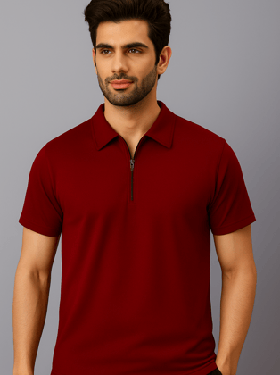 Crazybee Maroon Zipper Collar T-shirt Crazybee Maroon Zipper Collar T-shirt