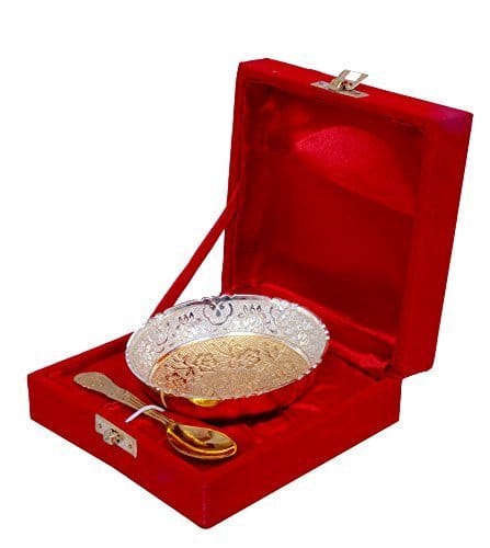 Copper Gold and Silver Plated Single Bowl with Spoon in Velvet Fancy Gift Box 100 ml