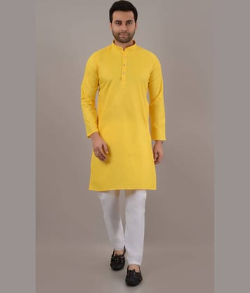 MOUDLIN Yellow Cotton Blend Regular Fit Men's Kurta Pyjama Set ( Pack of 1 )