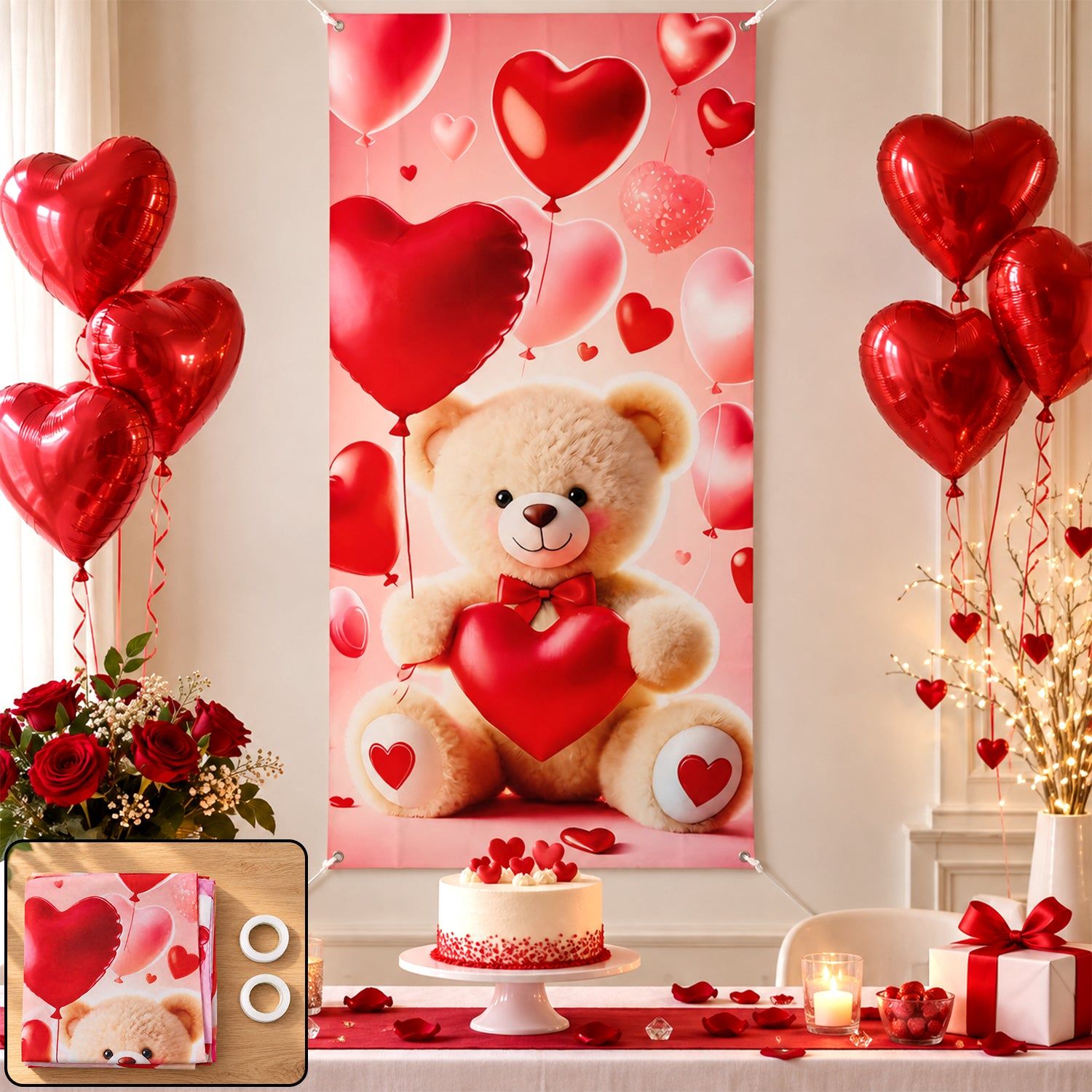 Teddy Bear and Heart Backdrop Curtain for Romantic Party Decoration (210x100 Cm)