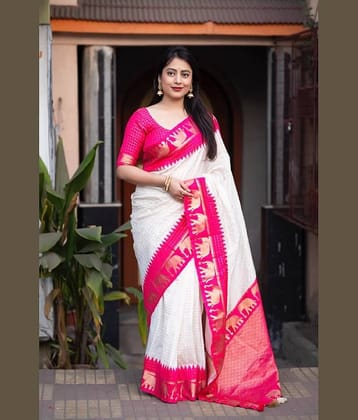 Aika Banarasi Silk Embellished Saree With Unstitched Blouse Piece ( White )