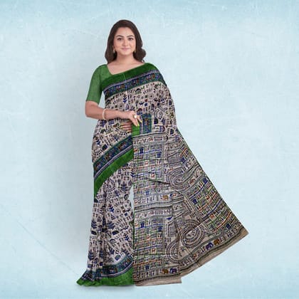 Multi Color Tribal Design Tussar Silk Saree Multi Color Tribal Design Tussar Silk Saree