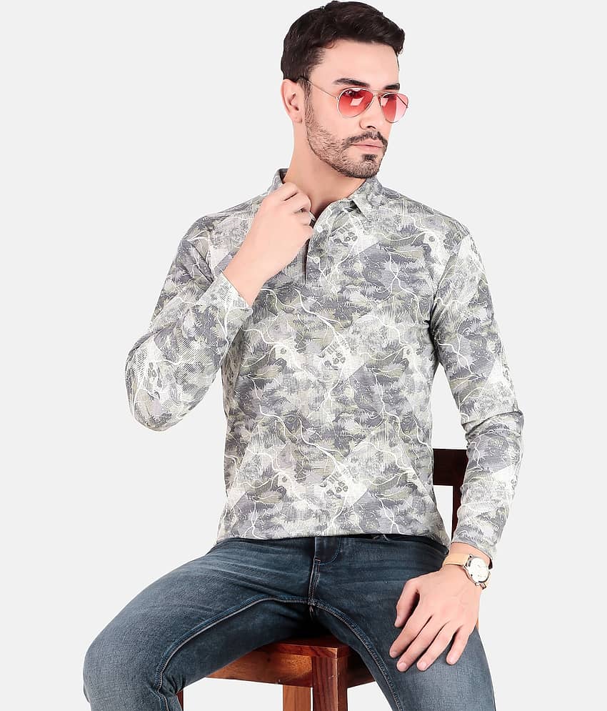 FIRST POSTION Cotton Blend Regular Fit Printed Full Sleeves Men's Polo T Shirt - Grey ( Pack of 1 )