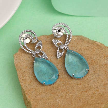 Sky Blue Color American Diamond Earrings-Length: 4.50 CM x Width: 1.50 CM / Blue / Brass With Good Quality Silver Plated