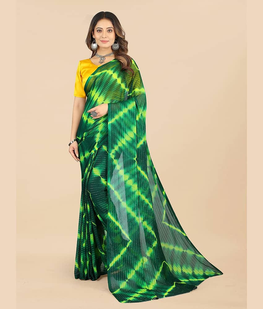 Apnisha Chiffon Printed Saree With Unstitched Blouse Piece ( Green )