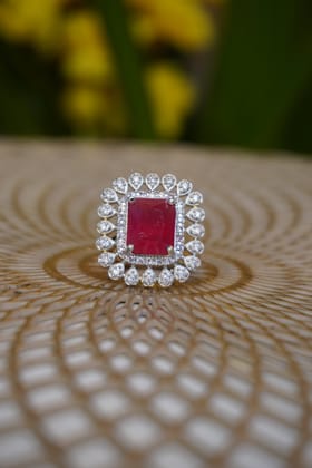 Square shape American Diamond Stylish Red Stone Adjustable Ring-Free Size