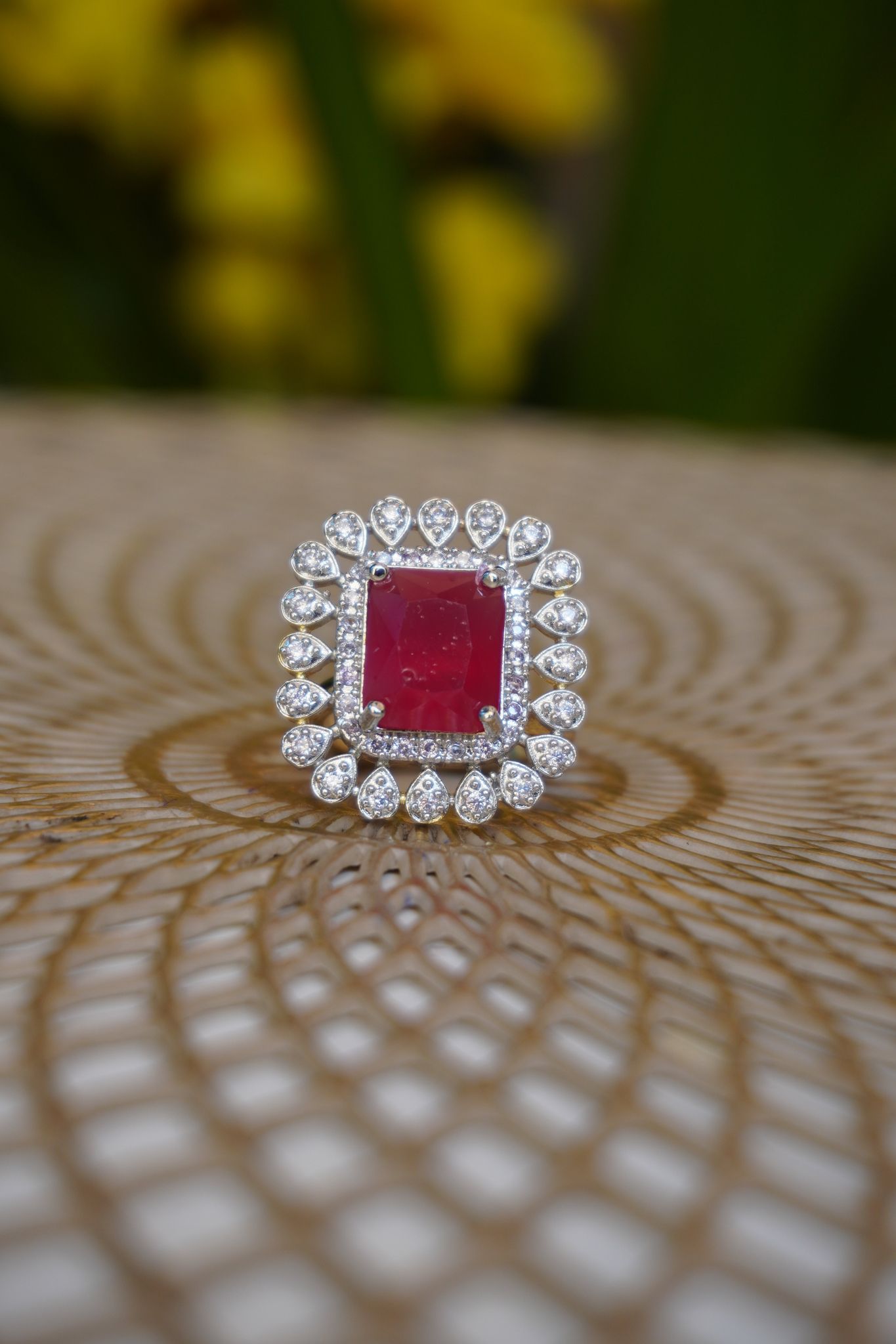 Square shape American Diamond Stylish Red Stone Adjustable Ring-Free Size