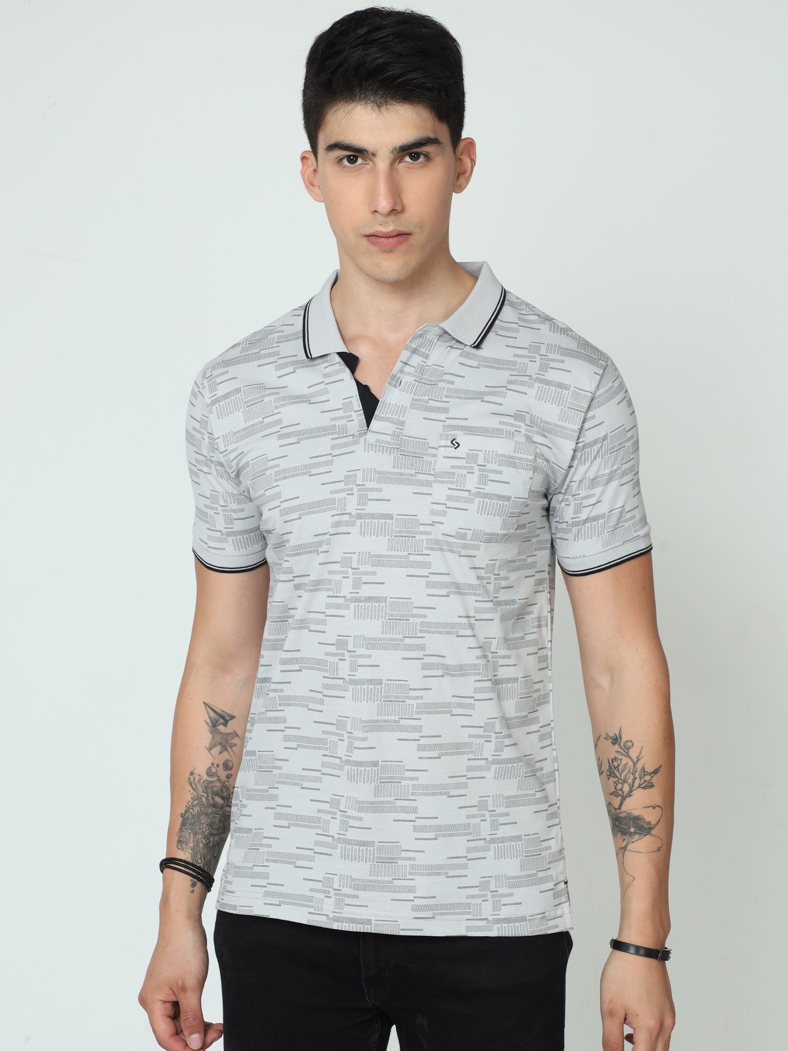 Classic Polo Mens Cotton Half Sleeve Printed Slim Fit Polo Neck Grey Color T-Shirt | BELLO - 232 B SF P