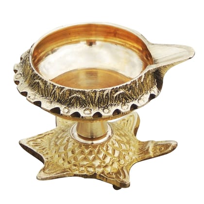 Brass Table Decor Oil Lamp Deepak On Tortoise  - Decorative Deepak for Puja & Aarti, Height : 2.4 Inch (ZMAS141 D)
