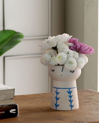 Eyaas White Ceramic Flower Vase with Blue Leaf Trellis Design