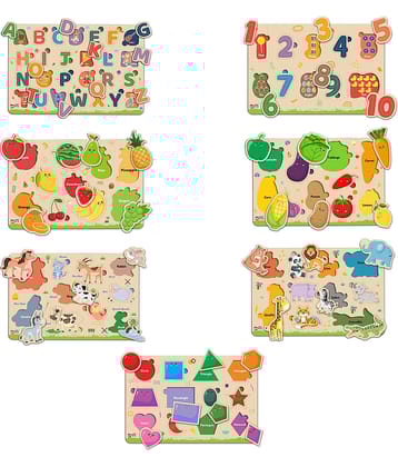 Little Berry Wooden Puzzle Board with Pictures for Kids (All in One Combo of 7): ABCD, Number, Shapes, Fruits, Vegetables, Animals - Knob & Peg Puzzles Games for Boys, Girls, Preschool Children - Learning & Education Wooden Toy Jigsaw Puzzle Set