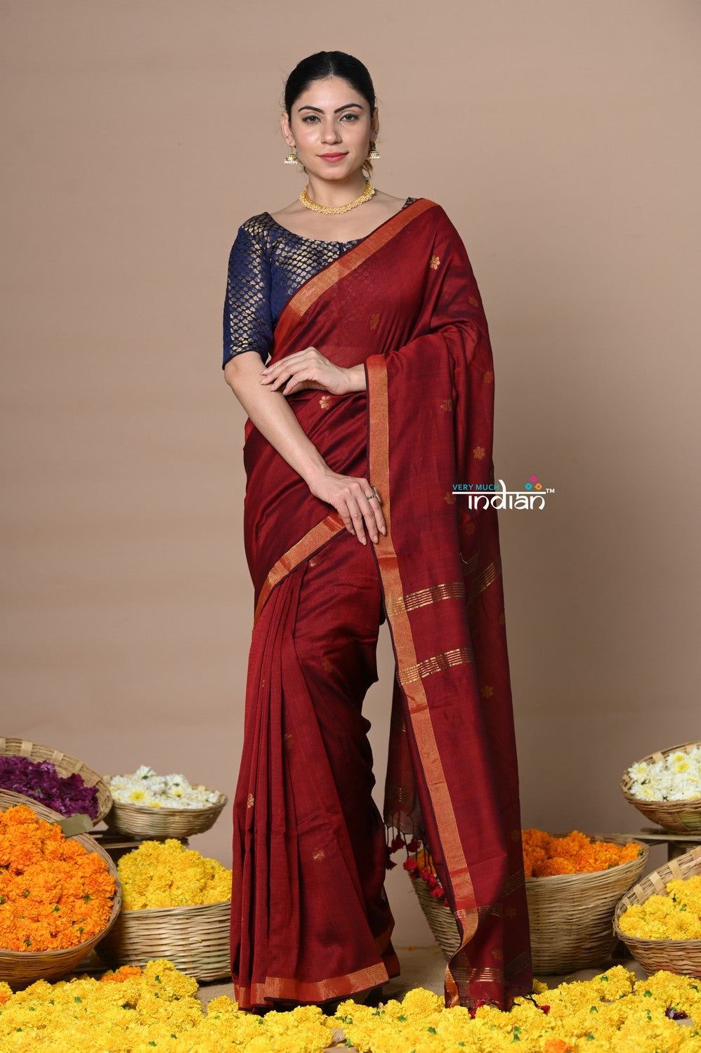 Designed by VMI - High Quality Mul Cotton Handloom Woven with Sleek Border and Flower Buttis~Maroon