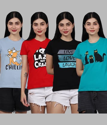 Fabflee Women Cotton Printed Regular Fit Round Neck T-Shirt ( Multicolor )