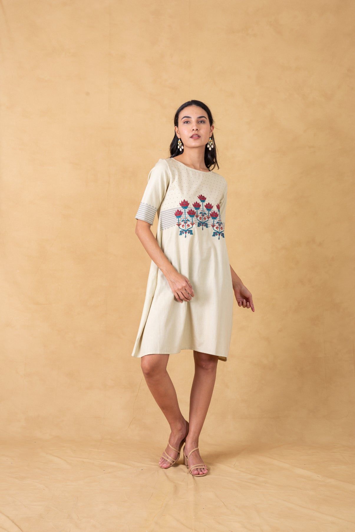 Off White Floral Embroidered Shift Dress-XL
