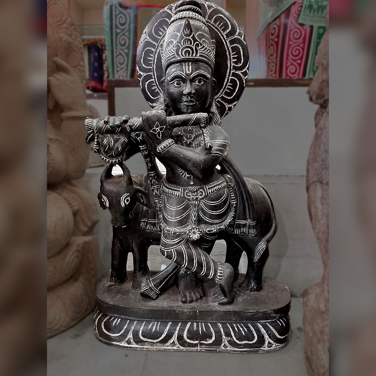 Lord Krishna with cow granite stone statue