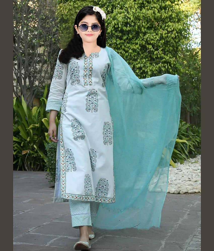 A TO Z CART Girls Cotton Blend Kurti with Pants ( Pack of 1 , Sky Blue )