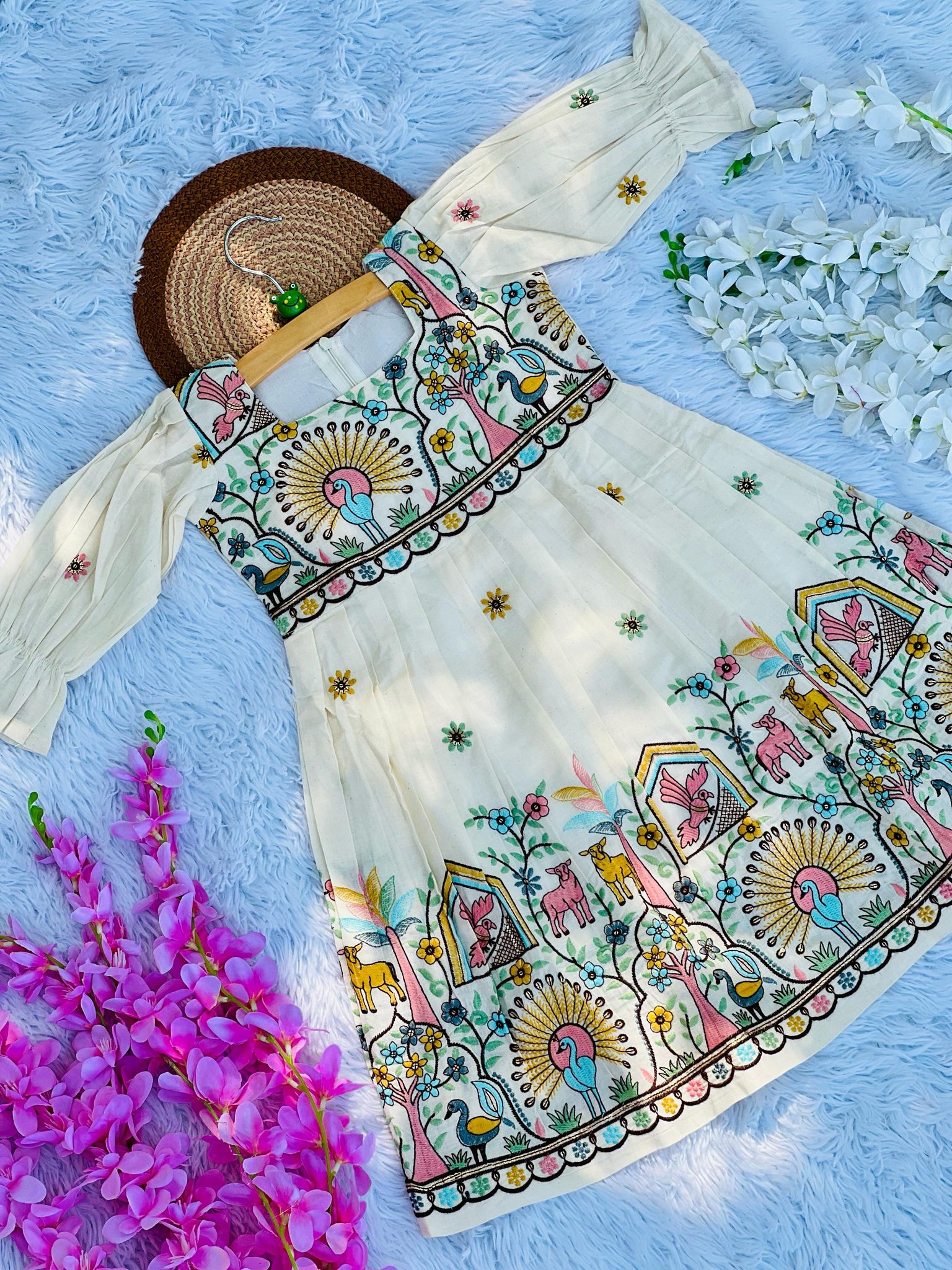 Scarlet Awesome Embroidery Work On Khadi Cotton Fabric Kids Frock-Beige / 0-3 Month