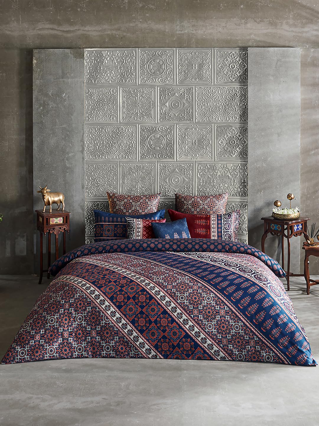 DDECOR - Ajrakh Collection 100% Cotton Ethnic Pattern 210TC Super King Bedding Gift|274 CM X 274 CM| - Blue