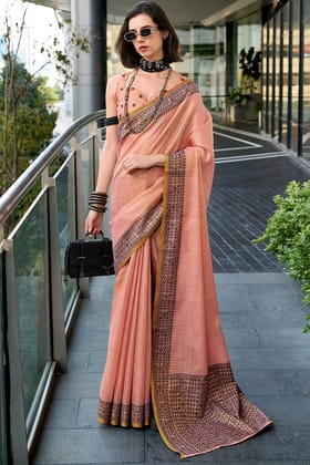 Deep Peach Linen Tissue Silk Saree