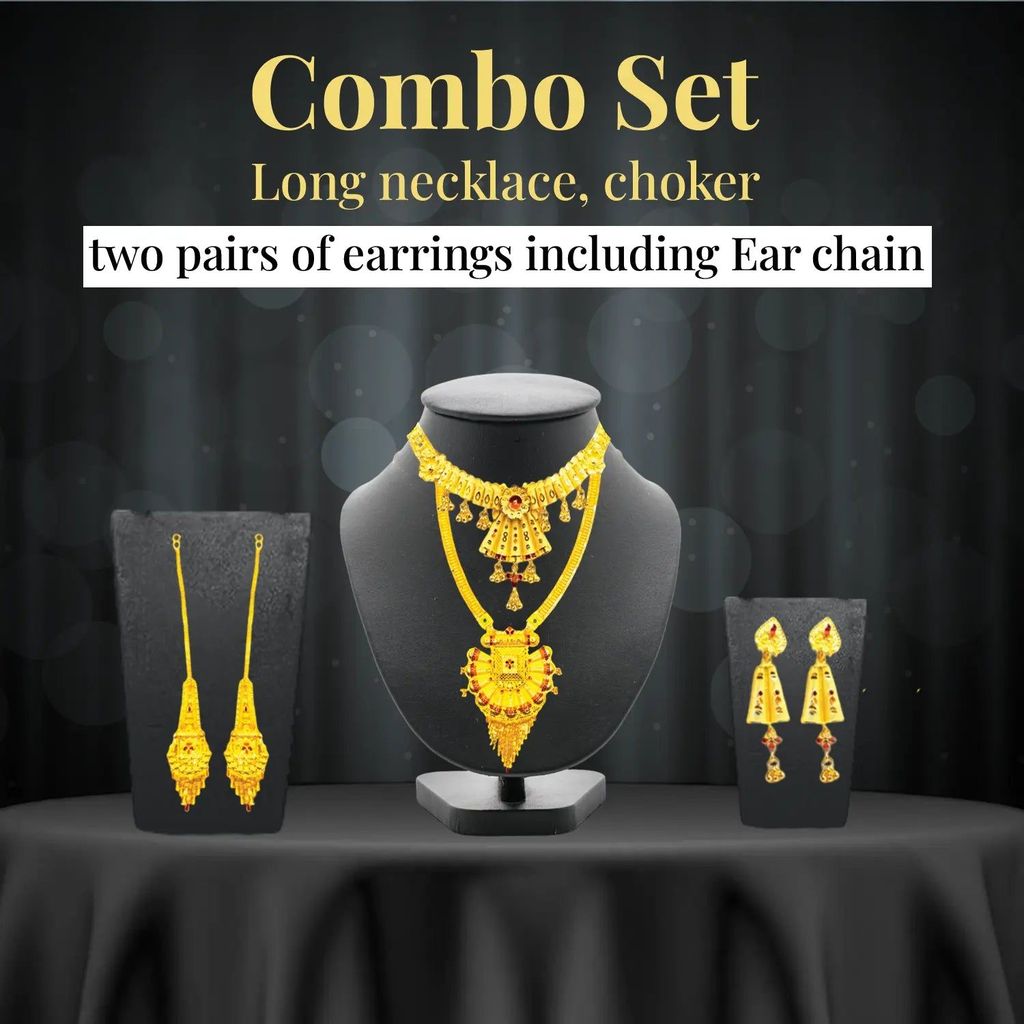 Trendy Gold-Plated Necklace Combo Set with Choker, Long Necklace, and Earrings