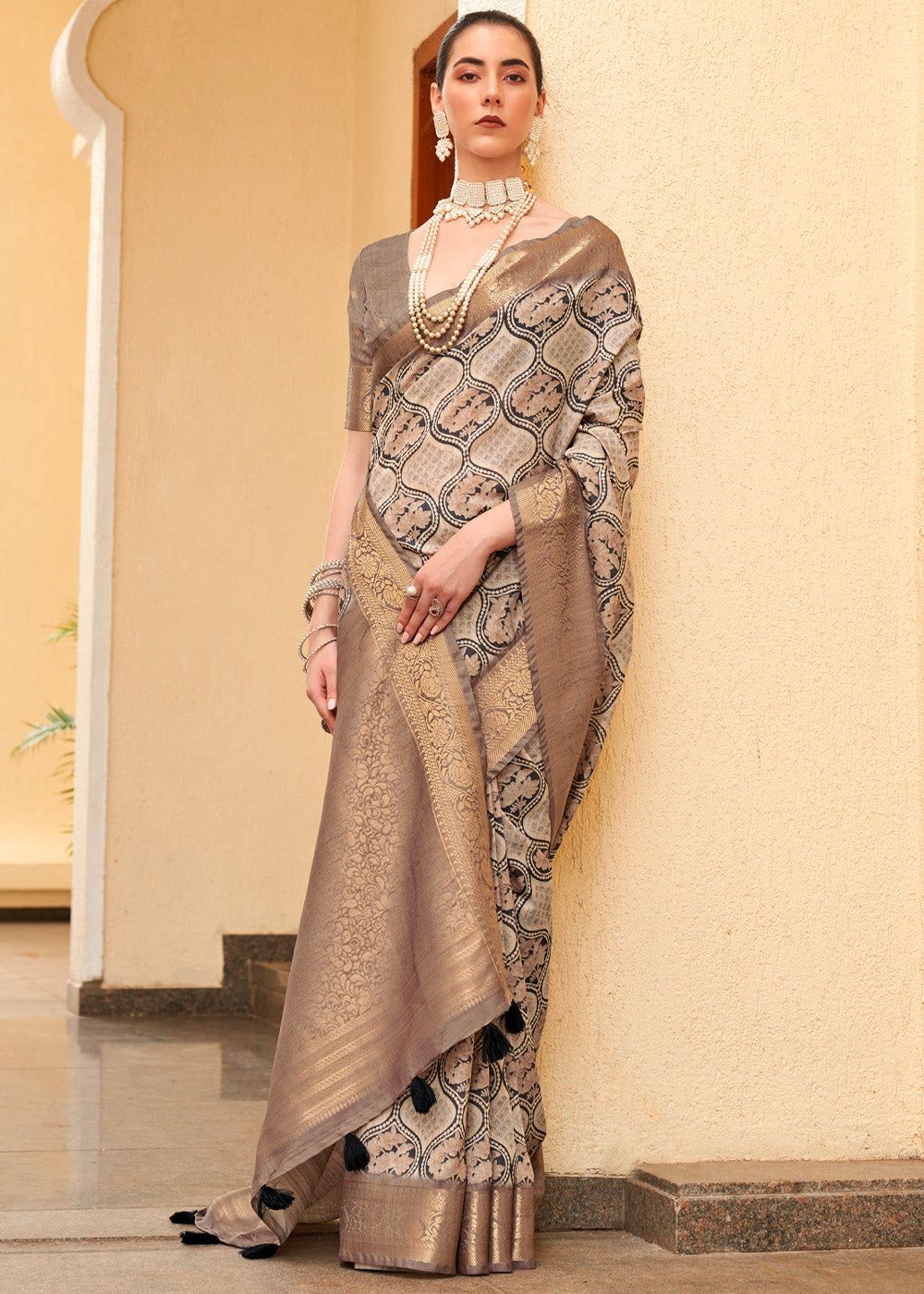 Stormy Grey Woven Banarasi Tussar Silk Saree With Digital Printed