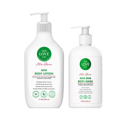 THE LOVE CO. 10% AHA & 2% BHA Body Wash + Body Lotion Pack of 2 | Enriched with Niacinamide & Grapefruit | Targets Acne, Dark Spots & Rough Skin | Sulphate-Free, Unisex THE LOVE CO. 10% AHA & 2% BHA Body Wash + Body Lotion Pack of 2 | Enriched with Niaci