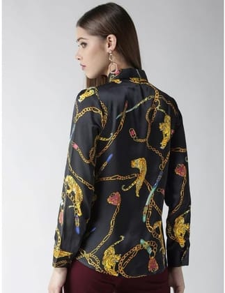 Women's Satin Printed Long Sleeves Standard Length Shirt (Black - Gold, S)-PID55834 Women's Satin Printed Long Sleeves Standard Length Shirt (Black - Gold, S)-PID55834