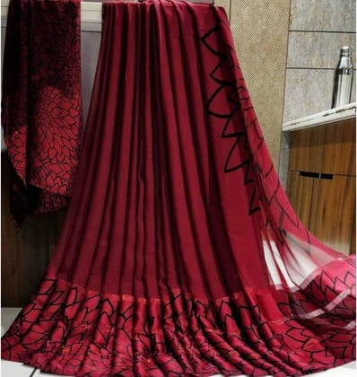 Women's Sattin Patta Printed Saree with Unstitched Blouse (Maroon)