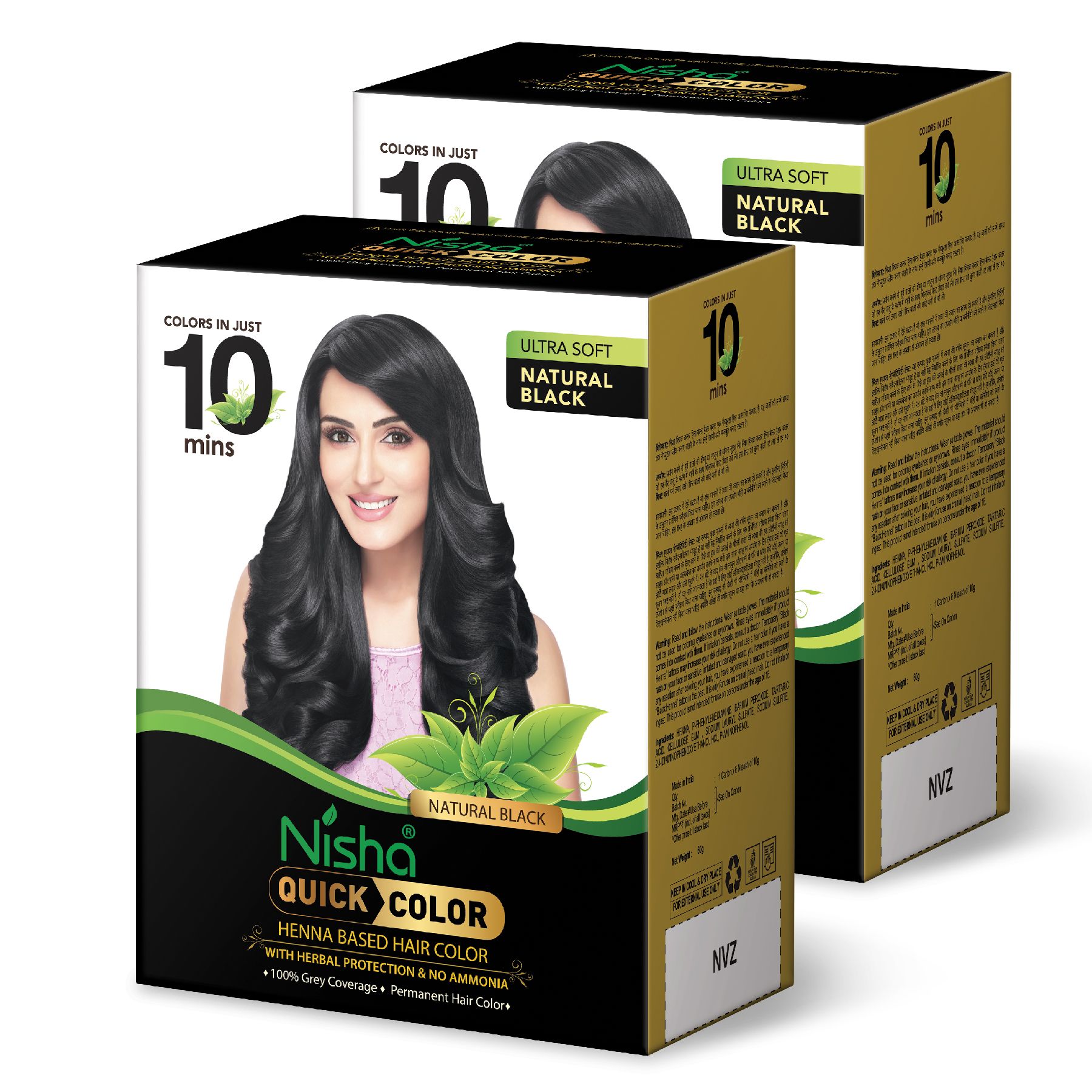 Nisha Quick Color 10 Minute Henna Based Hair Colour Natural Black Hair Dye 60g Pack of 2, No Ammonia, 100% Grey Coverage