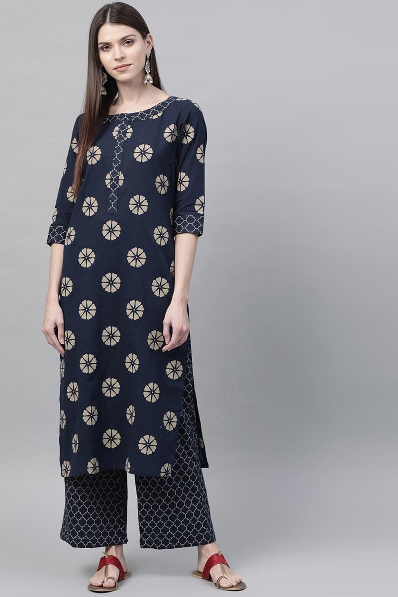 Navy Blue Pure Cotton Floral Printed Kurta Set VKSET1001